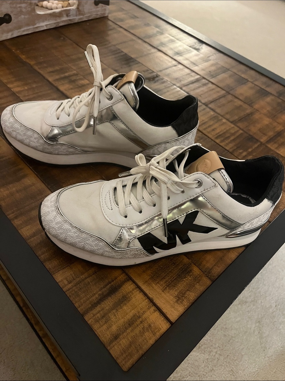 Michael Kors Cream and Silver Metallic Logo-Trim Trainer